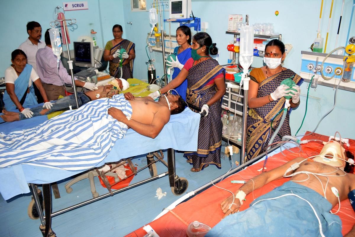 Victims of the accident near Kalaburagi being treated at a private hospital in the city on Tuesday. dh photo