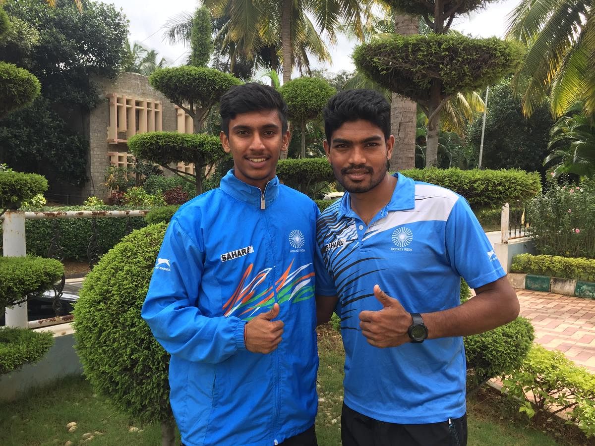 Goalkeepers Akash Anil Chikte (right) and Suraj Karkera are hoping to make a mark in the upcoming Hockey World League Final in Bhubaneswar.