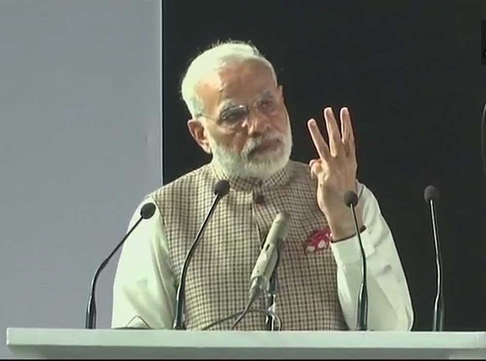 Prime Minister Narendra Modi addressing the Global Conference on Cyber Space. Image courtesy: @ANI Twiter