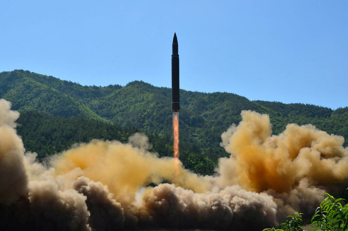 The intercontinental ballistic missile Hwasong-14 is seen during its test in this undated photo released by North Korea's news agency (KCNA) in Pyongyang on July 5 2017. North Korea is facing an unprecedented pressure from the United States and the international community to cease its nuclear weapons and missile programs. Reuters