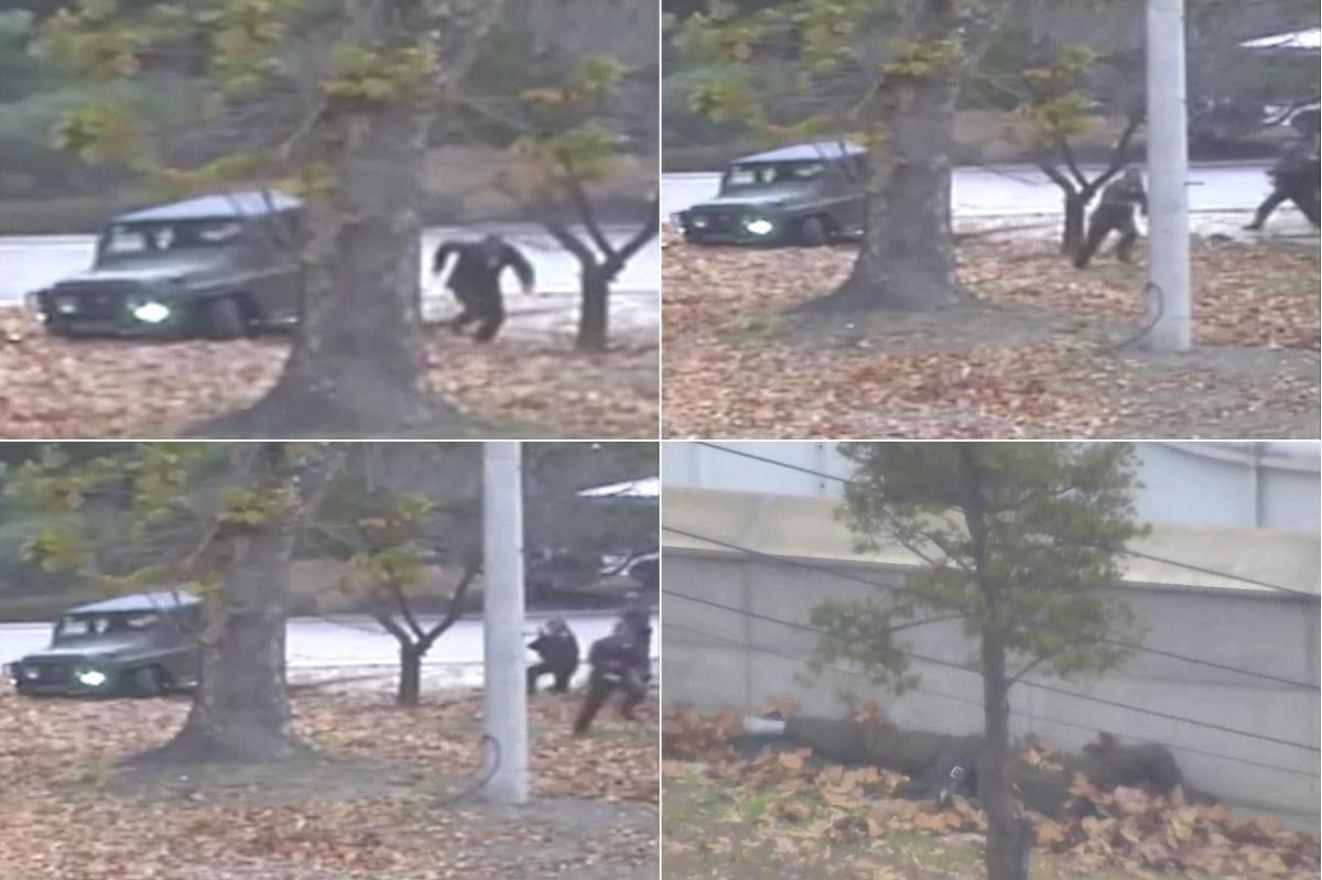 This combination of images made from surveillance video released by the United Nations Command shows a North Korean soldier running from a jeep and then shot by North Korean soldiers in Panmunjom, North Korea, before collapsing across the border in South Korea. AP/PTI