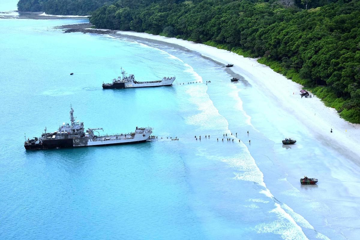 Amphibious assault drill being carried out by the forces during the Defence of Andaman exercise