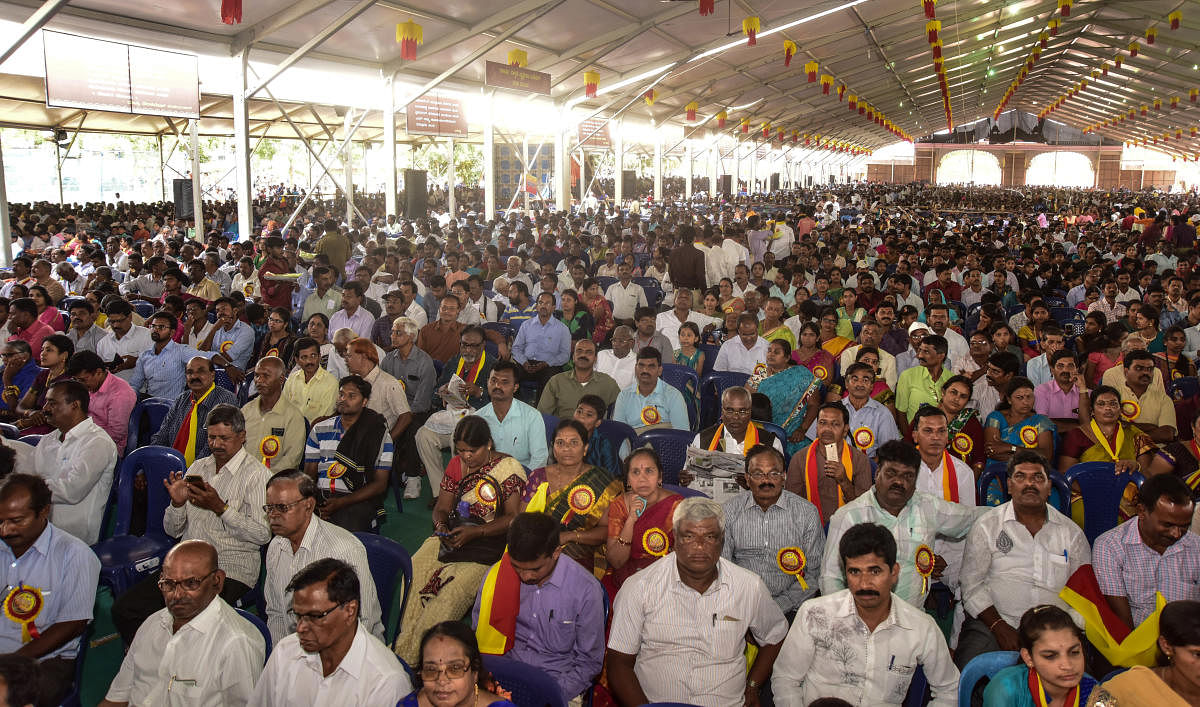 A section of audience during the inaugural ceremony of 83rd Kannada Sahitya Sammelana at Maharaja College Grounds in Mysuru.