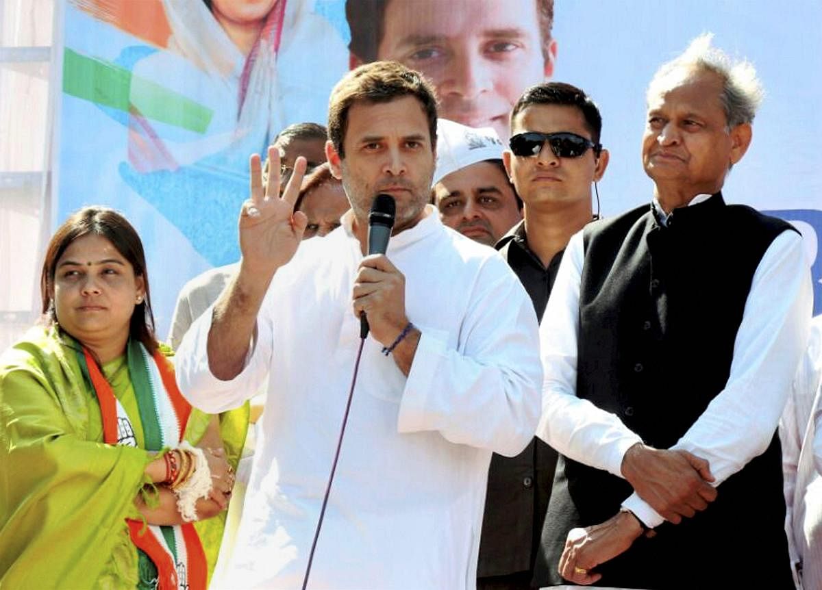 Congress vice president Rahul Gandhi addresses a public meeting at Dehgam of Gandhinagar district on Saturday. PTI Photo