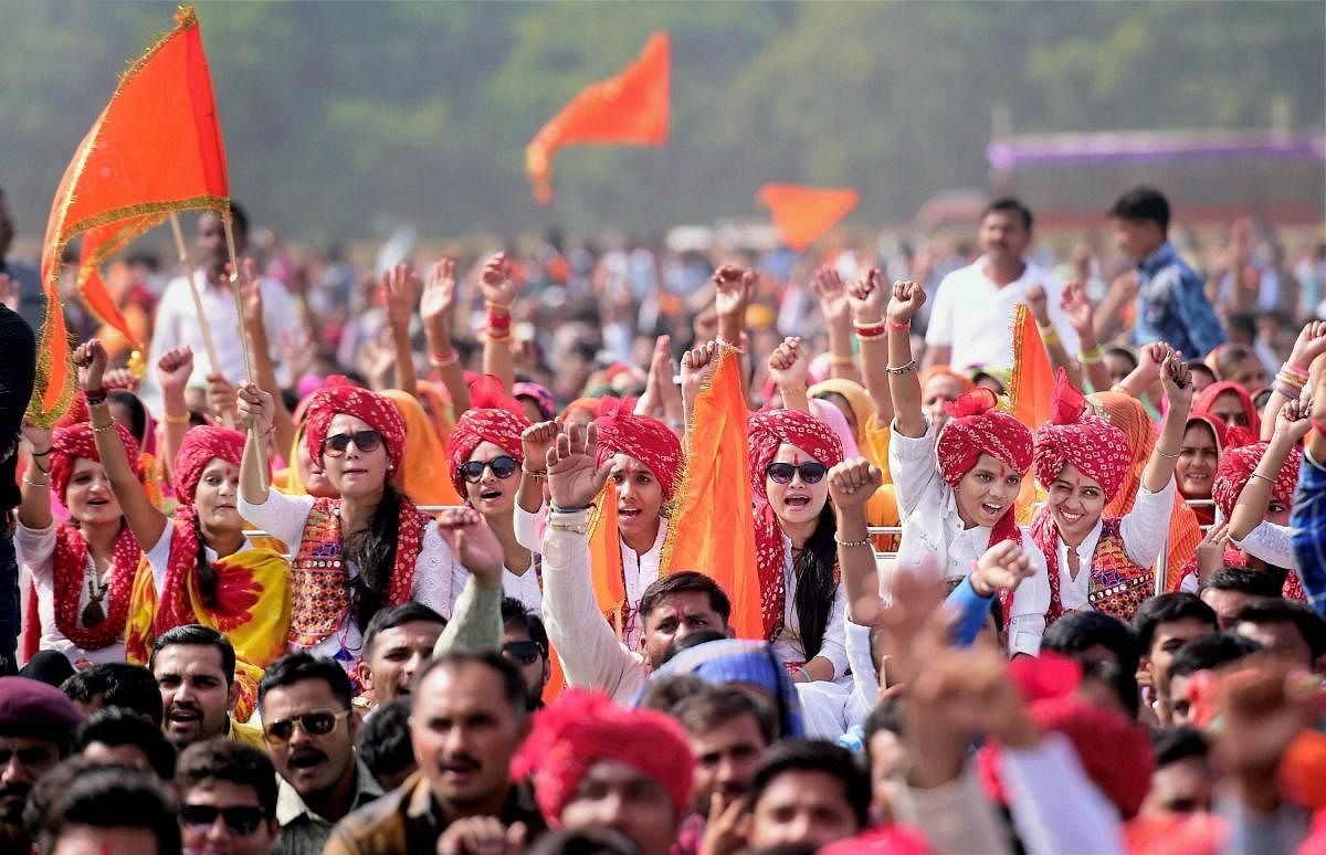 Gandhinagar: Members of Sri Rajput Karni Sena shout slogans during a massive protest rally against Sanjay Leela Bhansali's movie Padmavati, in Gandhinagar, Gujarat on Sunday. PTI Photo by Santosh Hirlekar(PTI11_12_2017_000115B)