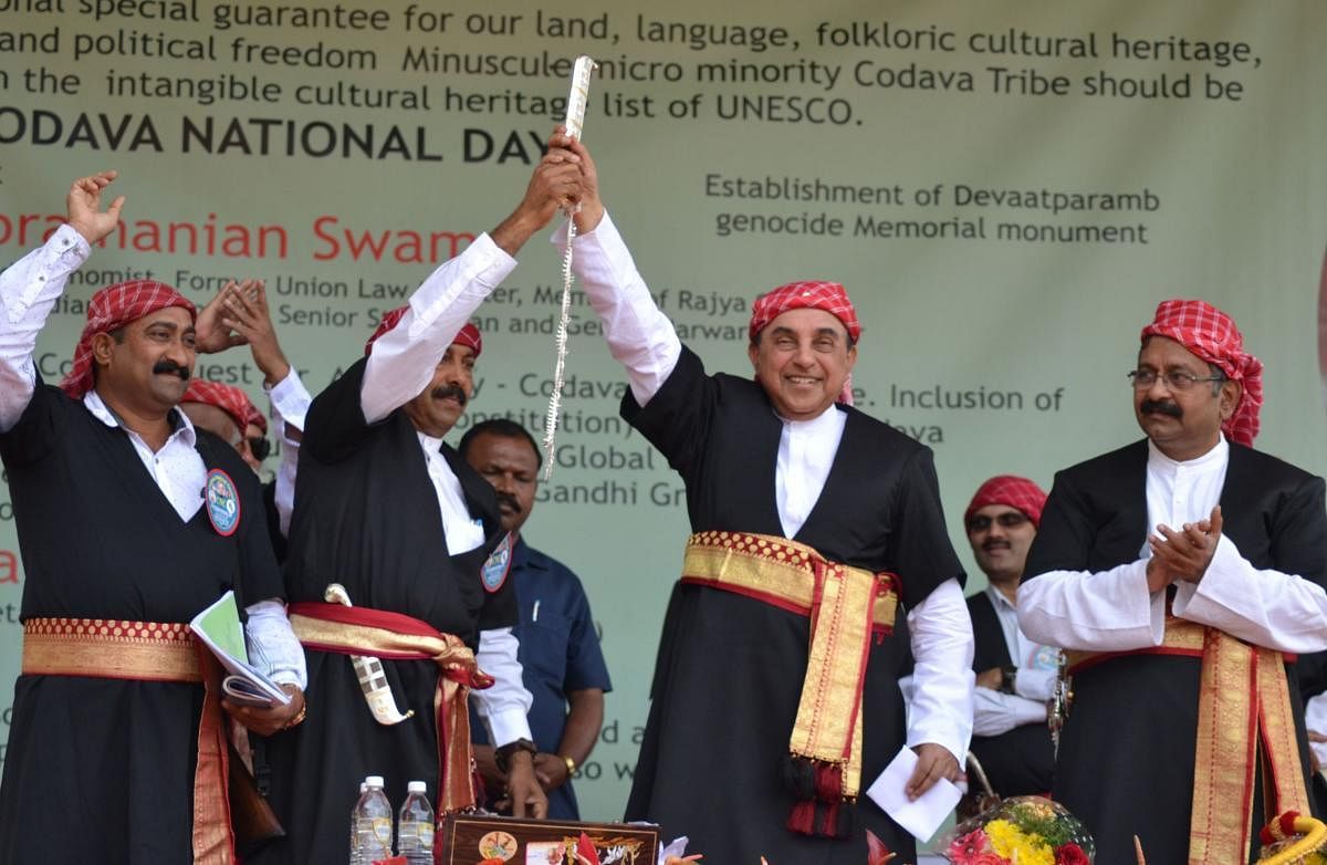 Rajya Sabha Member Subramanian Swamy was felicitated with Kodava traditional Kathi, during Codava National Council Day in Madikeri on Sunday.