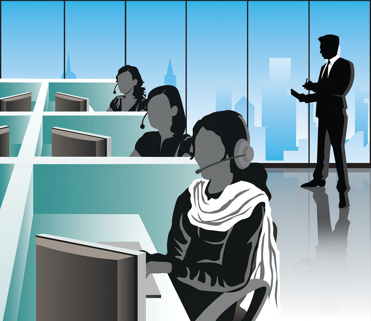 Female customer service representatives in an office, India