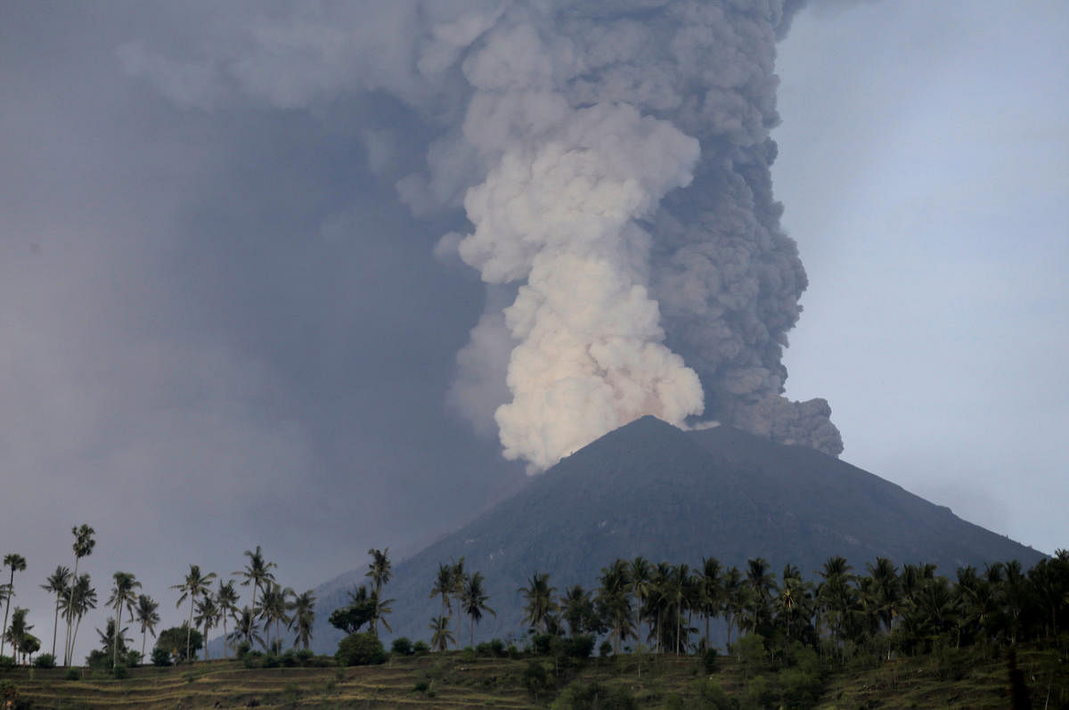 A view of Mount Agung volcano erupting from Culik village in Karangasem, Bali, Indonesia, on Monday. REUTERS