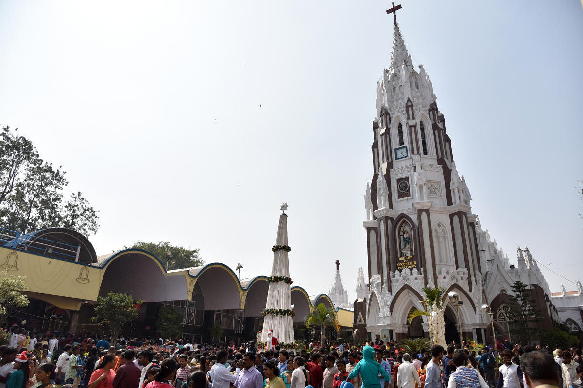 Christian Devotees are gathered for the prayer on the occasion of Christmas, in St. Mary's Basilica Church, at Shivajinagar in Bengaluru on Sunday. Photo/ B H Shivakumar