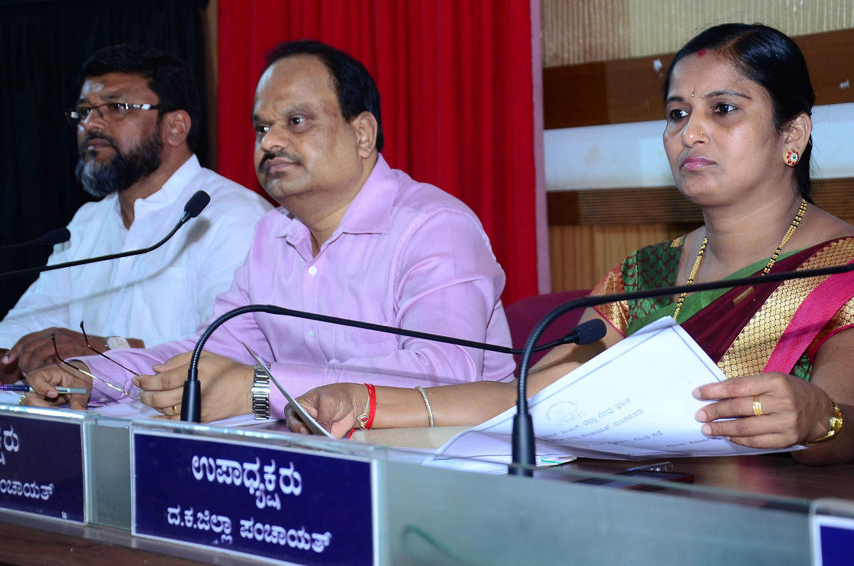 Zilla Panchayat CEO Dr M R Ravi speaks at district-level water and sanitation committee meeting in Mangaluru on Tuesday.