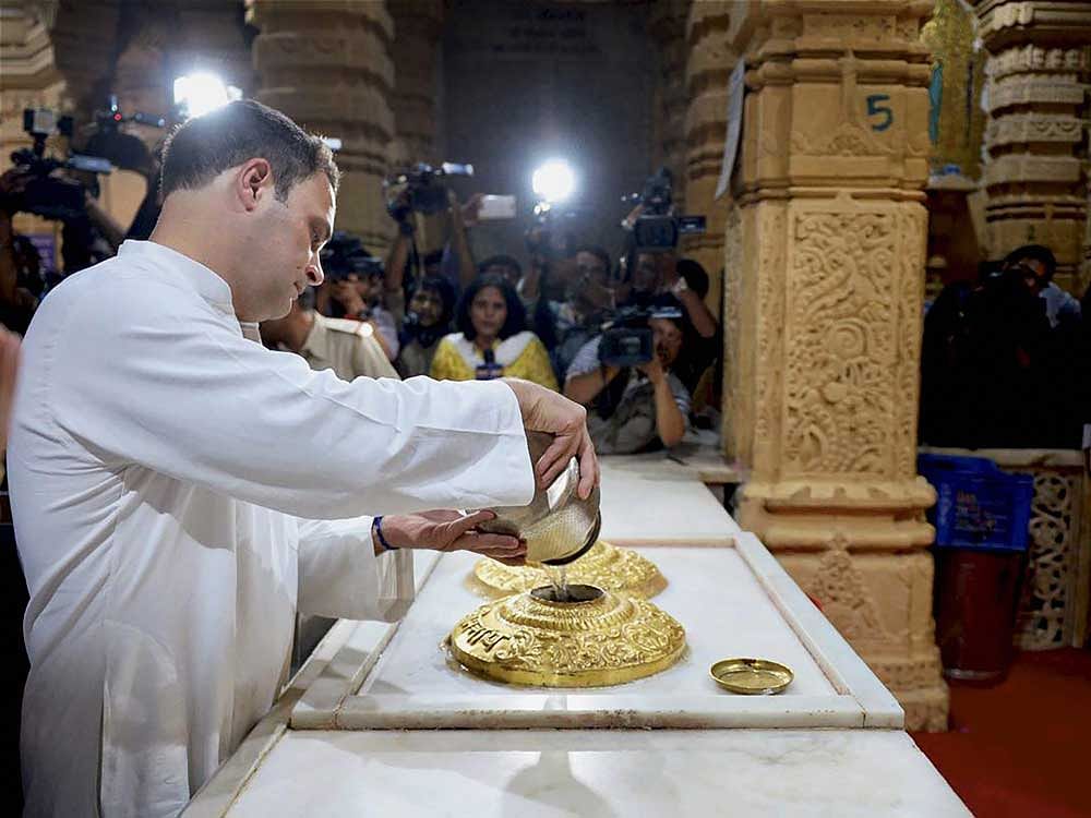 Congress vice President Rahul Gandhi offering prayers at the Somnath Temple in Gujarat on Wednesday. PTI Photo
