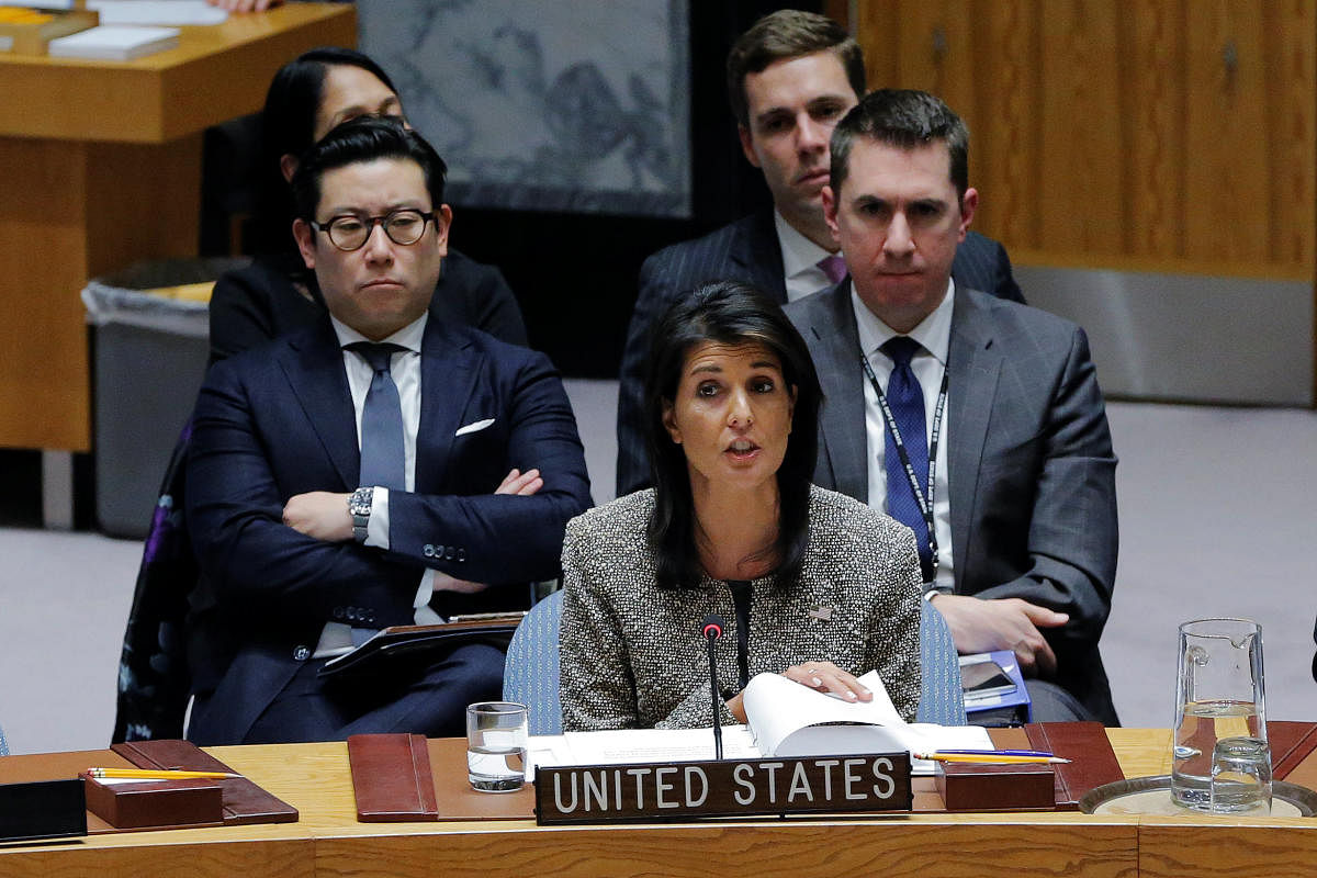 United States ambassador to the United Nations (UN) Nikki Haley speaks during a meeting of the UN Security Council to discuss a North Korean missile launch at UN headquarters in New York.