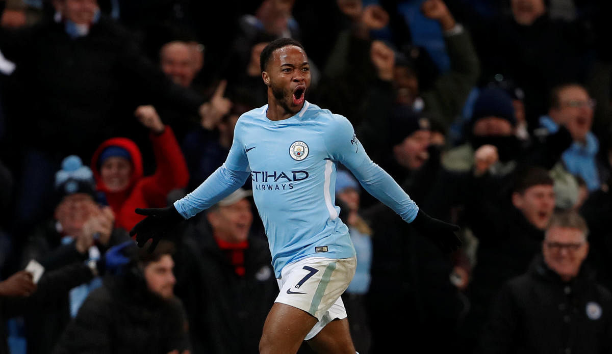 Manchester City's Raheem Sterling celebrates scoring his team's second goal against Southampton on Wednesday. REUTERS