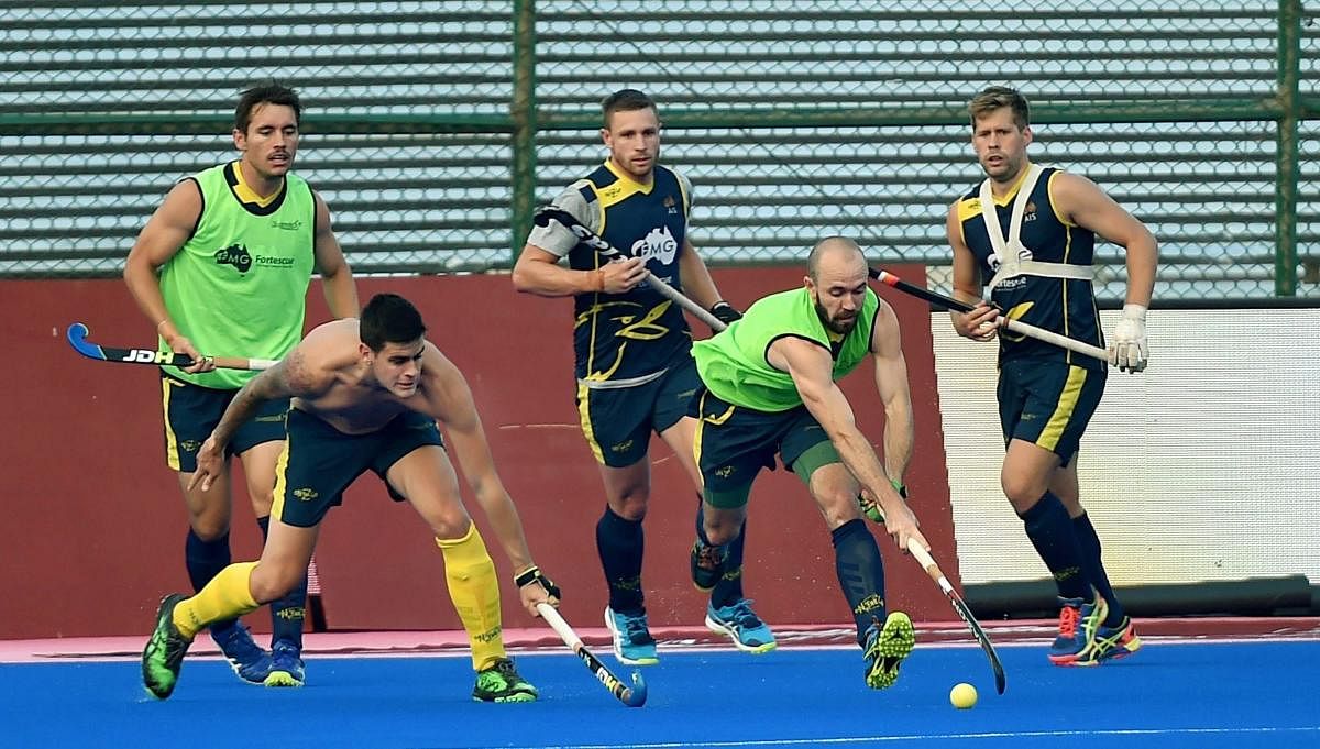 Australian team during a training session on the eve of the Hockey World League Final in Bhubaneswar on Thursday. PTI