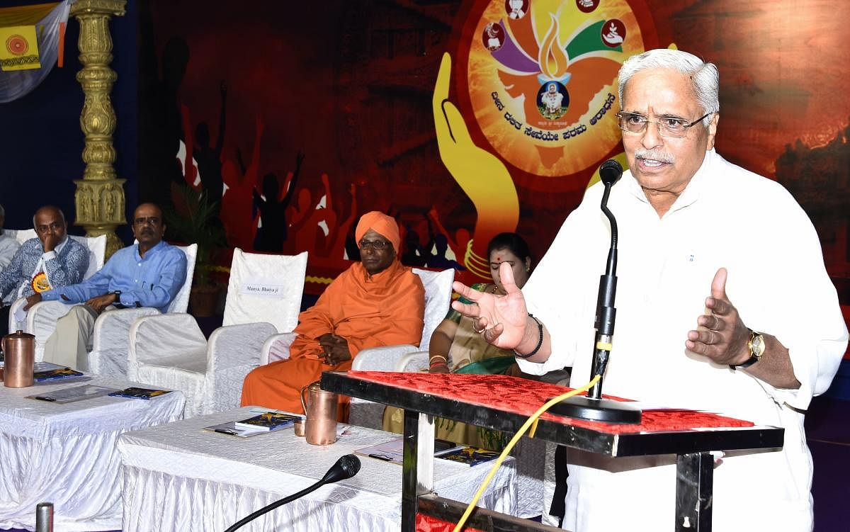 RSS Sarakaryavaha Suresh (Bhayyaji) Joshi addresses the public meeting on the second day of 'Seva Sangam Karnataka-2017' programme at Gokul Garden in Hubballi on Saturday.