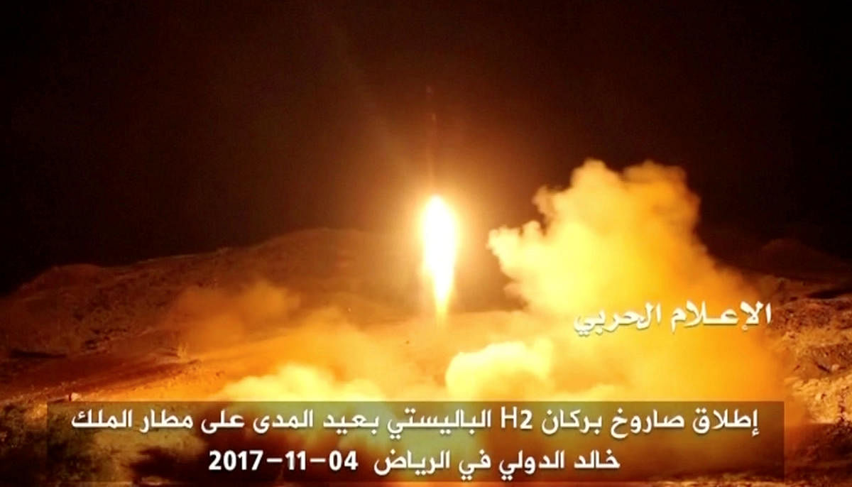 A still image taken from a video on November 5 shows the launch by Houthi forces of a ballistic missile aimed at Riyadh's King Khaled Airport. REUTERS FILE PHOTO