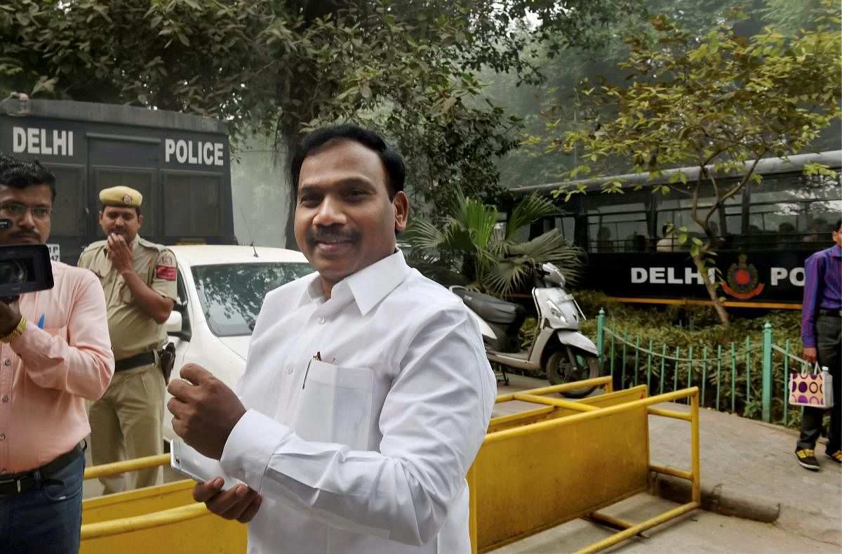 Former telecom minister A Raja arrives at the Patiala House court in New Delhi on Tuesday. PTI