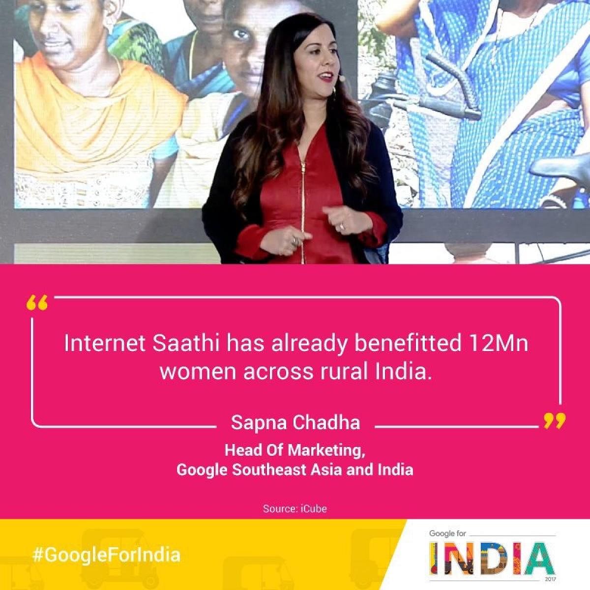 Google South East Asia and India Head of Marketing Sapna Chadha speaks at a programme to promote Internet Saathi programme to support the Foundation For Rural Entrepreneurship Development (FREND) set up by Tata Trusts.