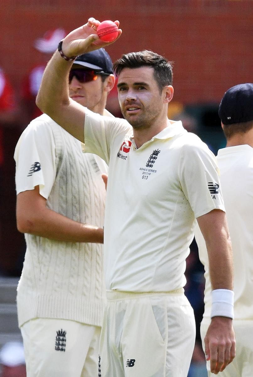 FIVE-STAR EFFORT England paceman James Anderson acknowledges the crowd after capturing five Australian wickets on the fourth day of the second Ashes Test in Adelaide on Tuesday. AFP