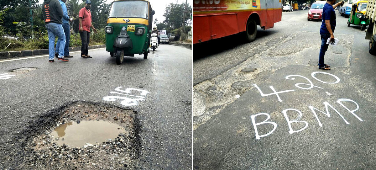 Pothales numbered by Nav Bharath democratic party during their potholes found yatra recently. Pothole on matathahalli main road (left) and Jayanagar 7th block on Kanakapura road. (right).