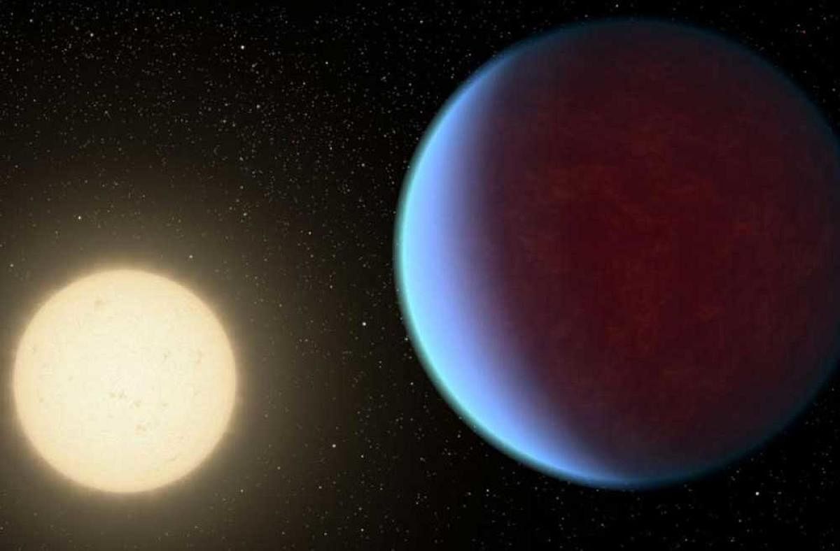 The super-Earth exoplanet 55 Cancri e, depicted with its star in this artist's concept, likely has an atmosphere thicker than Earth's but with ingredients that could be similar to those of Earth's atmosphere.Credits: NASA