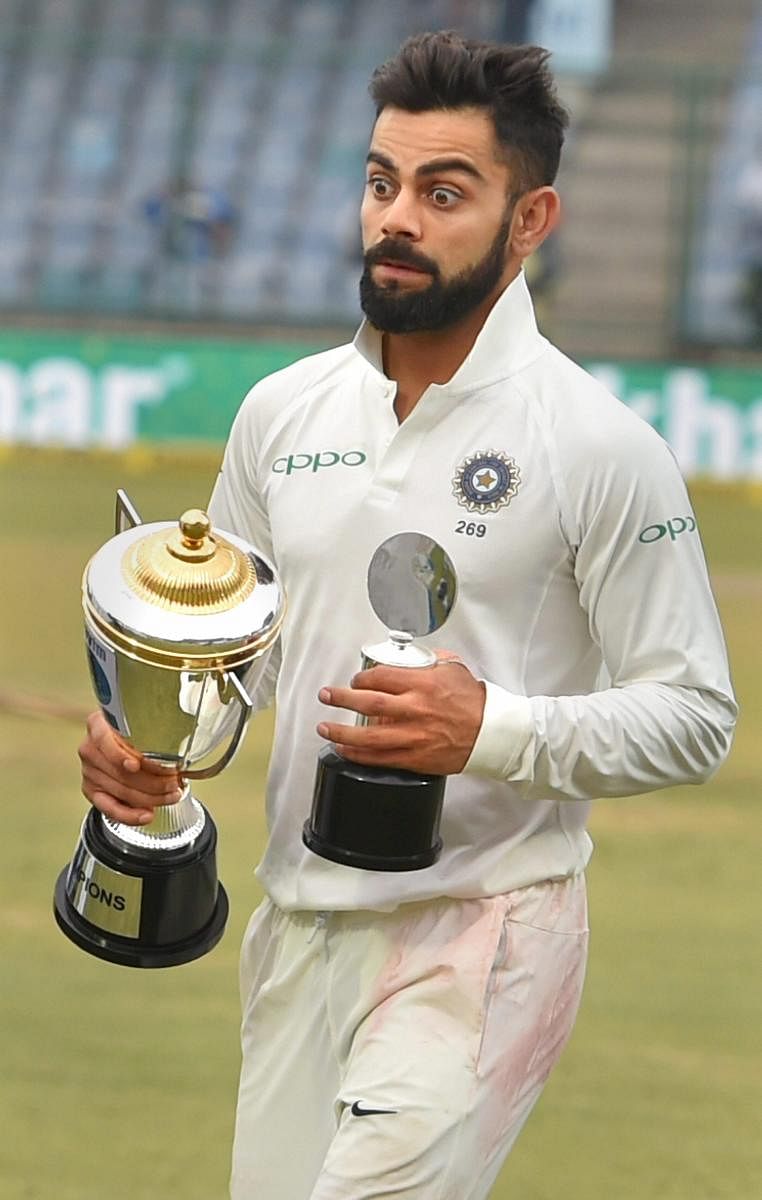 New Delhi: Indian captain Virat Kohli at the presentation ceremony after the third cricket test match between India and Sri Lanka ended in draw, in New Delhi on Wednesday. PTI Photo by Shahbaz Khan (PTI12_6_2017_000104B)