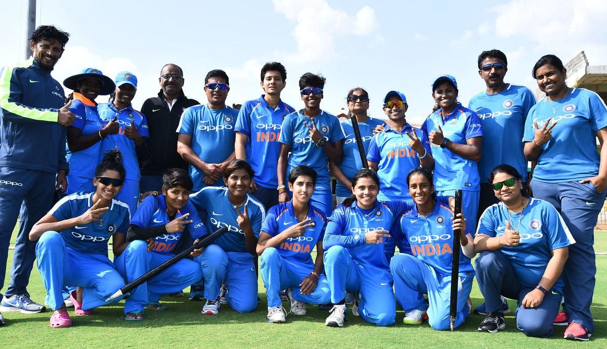 TOO GOOD The victorious Indian Women's A team who won the three-match one-day series against Bangladesh 'A' team 3-0 at the KSCA Stadium in Hubballi on Thursday. DH Photo