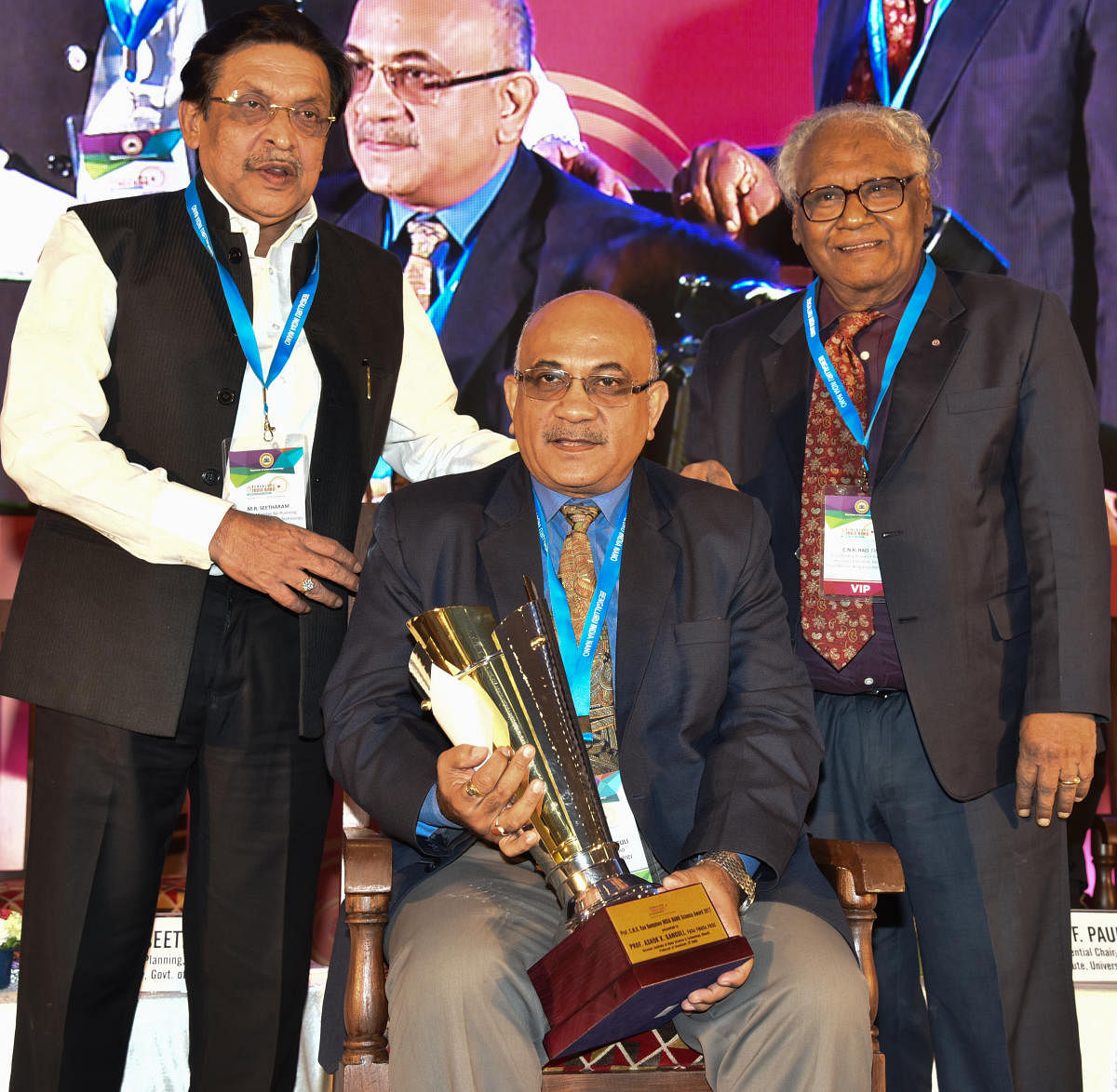 M R Seetharam, Science and Technology Minster presenting Prof CNR Rao Bangalore India NANO Science 2017 award to Prof Ashok K Ganguli, Institute of Nano Science and Technology, Mohali, Punjab at the inaugural programme of 9th Bengaluru India Nano conference organised by Dept of Science and Technology, Vision Group on Nanotechnology at Lalith Ashok hotel in Bengaluru on Thursday. C N R Rao, Chairman, Vision Group on Nanotechnology also seen. Photo by S K Dinesh
