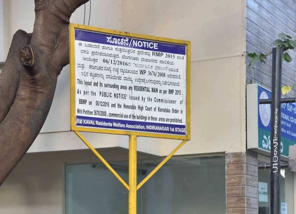 A board put up in Indiranagar, stating that commercial activities are prohibited in residential areas.