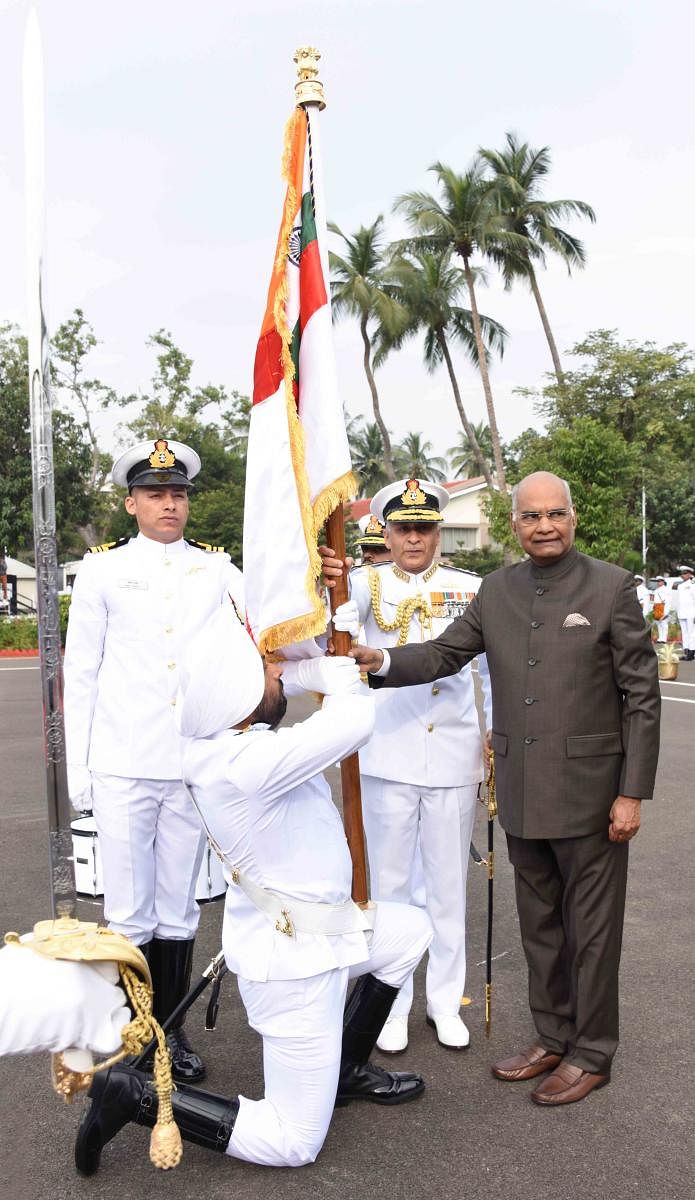 President Ram Nath Kovind presents the President's Colour to the Submarine Arm of the Indian Navy.