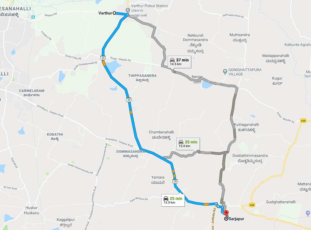 There are plans to widen 5-km stretch from Varthur to Sarjapur. The road from Varthur to Gunjur is broader. And from there, until Sarjapur, the road is just 30 feet wide.