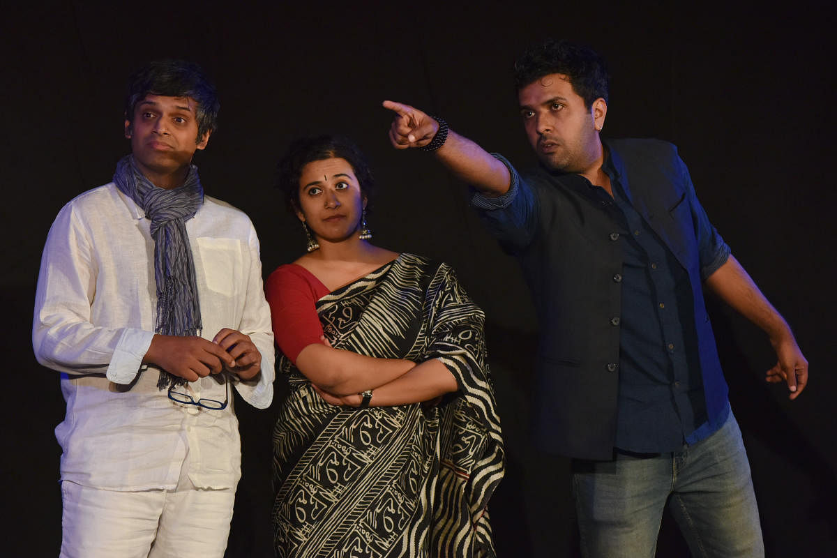 Artists from A Tahatto Production performing the Prashanth Nair directed 'A Funny Thing Called Life' play, at the Deccan Herald Theatre Festival at Max Mueller Bhavan, Indiranagar in Bengaluru on Friday. Photo by S K Dinesh