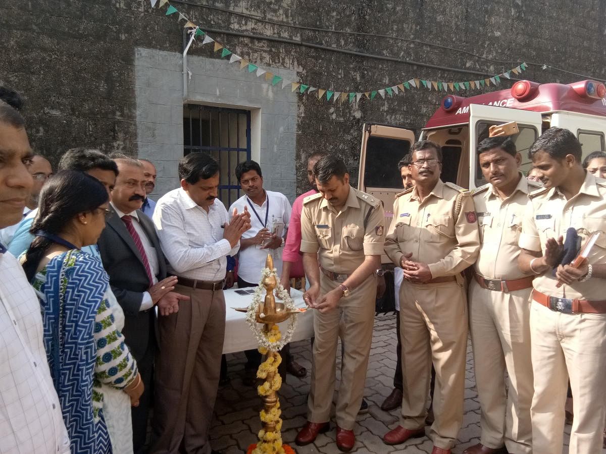 DCP Hanumantharaya lights a lamp to inaugurate health check up camp for jail inmates in district prison premises in Mangaluru on Saturday. Social activist SPChengappa, DHODr Ramakrishna, Jail Superintendent (in charge)Vijay Roadkar, Jailors VMAndani and Sidrama Patil look on.