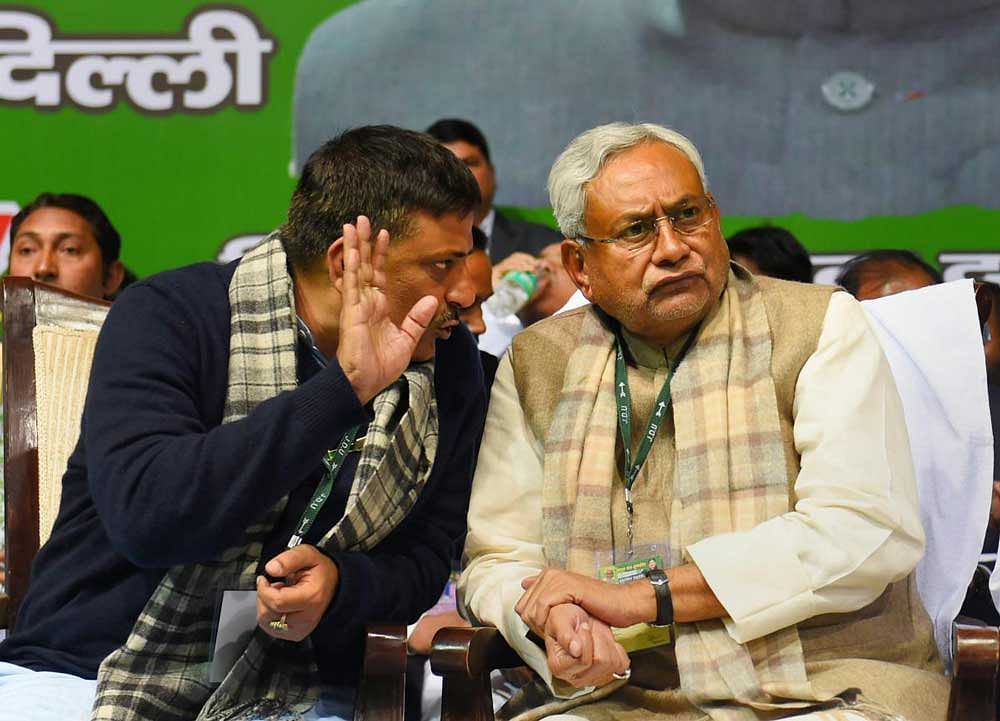 Bihar Chief Minister and JD(U) President Nitish Kumar during the party's Delhi Pradesh Karyakarta Sammelan in New Delhi on Sunday. PTI photo