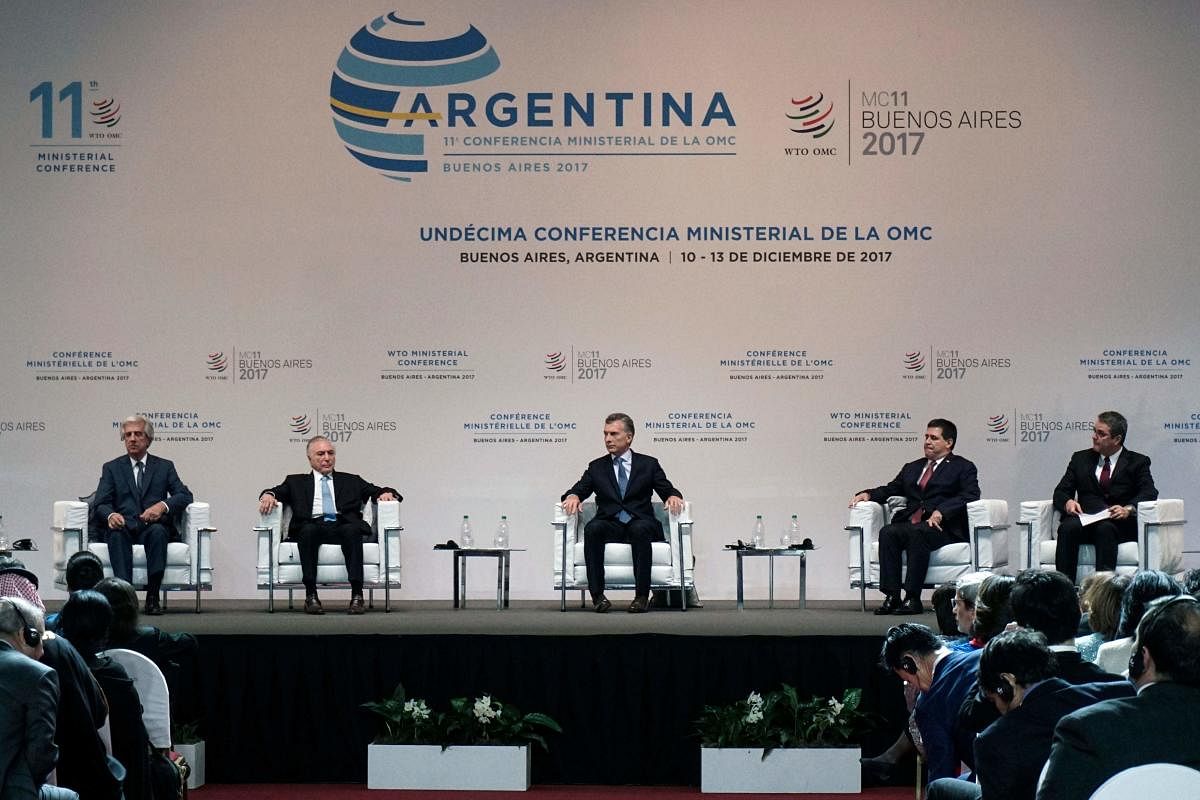 (From L to R) Uruguayan President Tabare Vazquez, Brazilian President Michel Temer, Argentinian President Mauricio Macri, Paraguayan President Horacio Cartes and the Director General of the World Trade Organization Roberto Acevedo, attend the opening ceremony of the 11th Ministerial Conference of the World Trade Organization in Buenos Aires on December 10, 2017. The World Trade Organization opened a conference Sunday under the cloud of US hostility to multilateral trade accords. The 164-member WTO is also wracked by disagreements over China and has been struggling to kickstart stalled trade talks. The Buenos Aires meeting, which lasts through Wednesday, is the first in the era of US President Donald Trump, who has pummeled the body relentlessly since taking office, even describing it as a