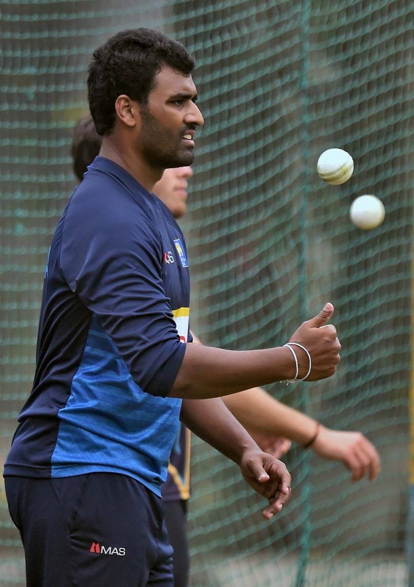 CONFIDENT... Sri Lankan captain Thisara Perera at the nets in Mohali on Tuesday. PTI