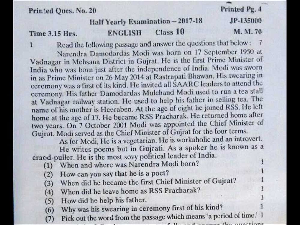 The first question of the paper comprising a passage on Modi described him as a 'spoker, craod-puller and sovy leader.'