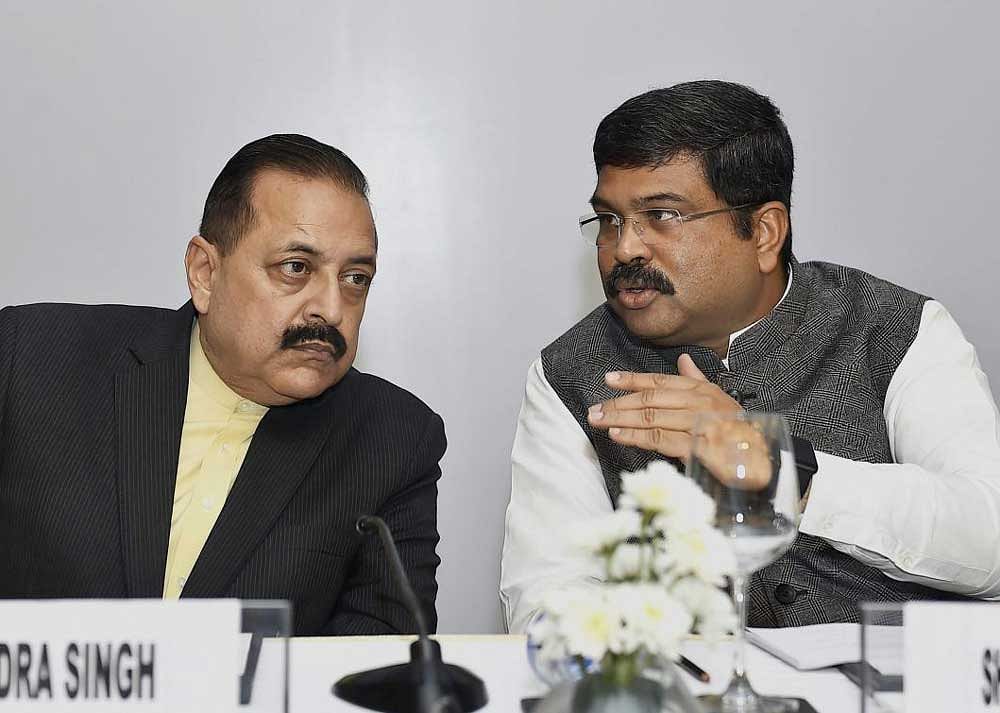 Union Minister for Petroleum and Natural Gas Dharmendra Pradhan and Union Minister of State (Independent Charge) of the Ministry of Development of North Eastern Region (DoNER), Jitendra Singh during a Conference of India- ASEAN Partnership@25 in New Delhi on Wednesday. PTI Photo