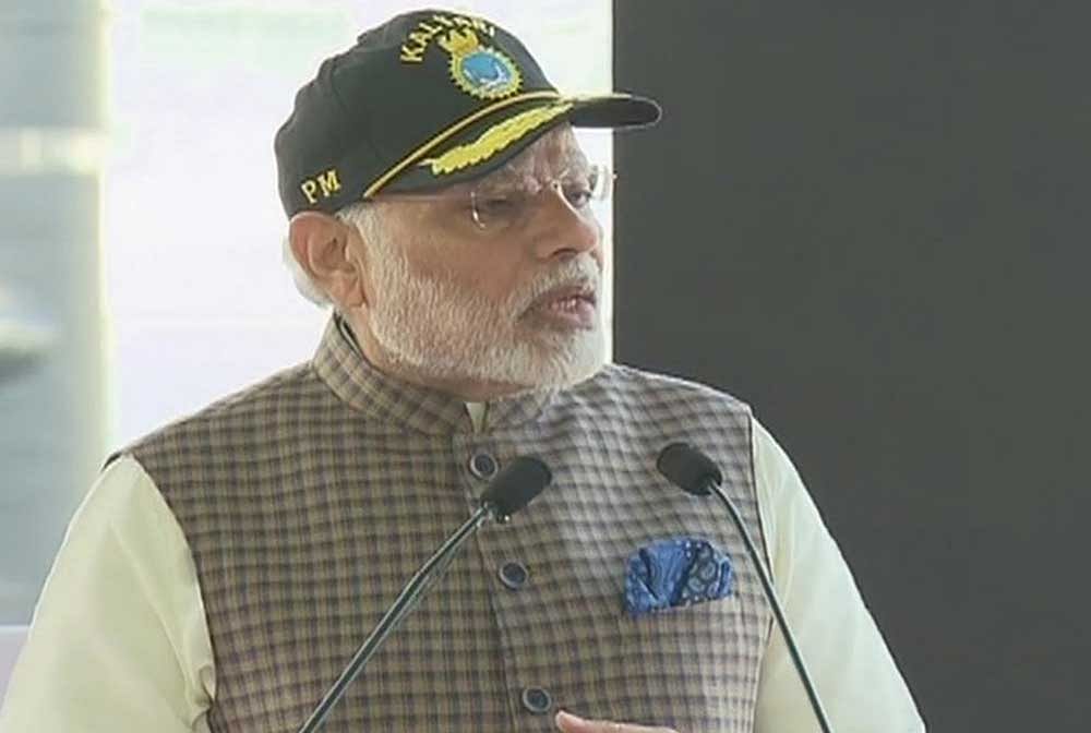 Prime Minister Narendra Modi at the Naval Dockyard in Mumbai. Image courtesy: @ANI Twitter