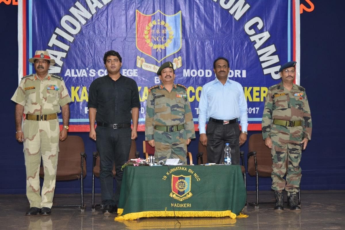 Camp Commander Colonel A Nautiyal during the inauguration of the 10th National Integration Camp at Alva's campus in Moodbidri. Alva's Education Foundation Trustee Vivek Alva among others looks on.