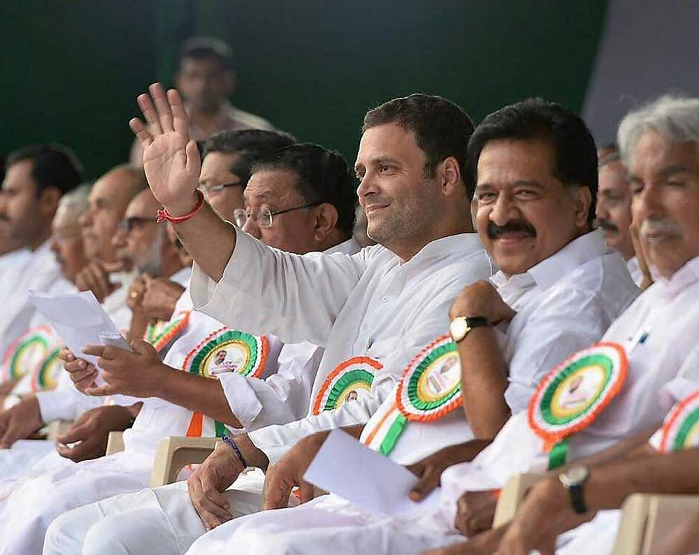 Congress President-elect Rahul Gandhi at the valedictory rally of the "Padayorukkam" march led by Ramesh Chennithala, LoP & Chairman UDF, in Thiruvananthapuram, Kerala on Thursday. PTI Photo