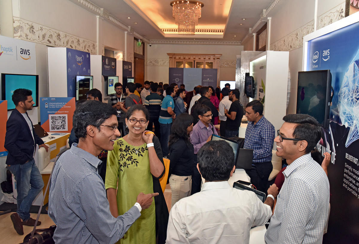 Stalls at Amazon Al Conclave organised by Amazon Web Service (AWS), at hotel ITC Gardenia in Bengaluru on Friday. Photo by S K Dinesh