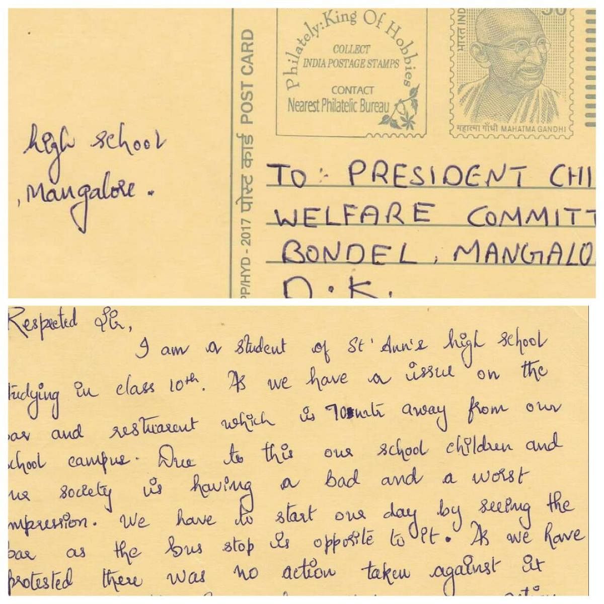 Post card written by a student to DK CWC President