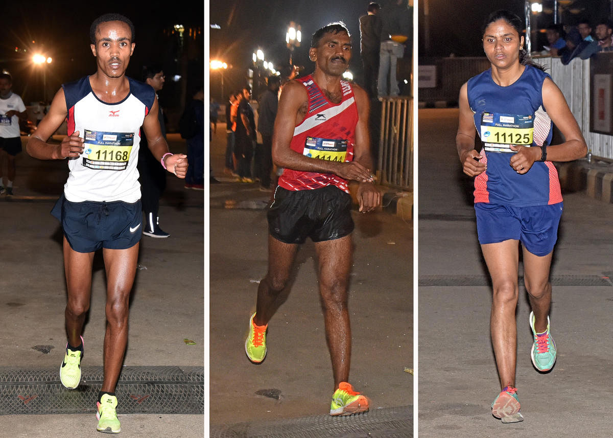 WINNERS ALL Ashenafi Boja Baysa of Ethiopia wins the Bengaluru Midnight Marathon. MIDDLE: Santosh, winner in the Indian section of the full marathon. RIGHT: Rajkumari Patel won the women's full marathon. DH Photos/ S K Dinesh
