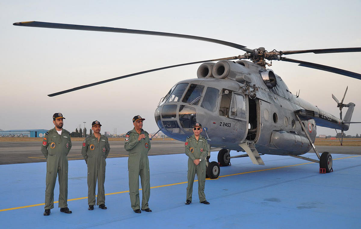 The Chief Guest, Air Marshal S.R.K. Nair (second from right), Air Officer Commanding-in-Chief, Training Command, IAF, speaks at the phasing out ceremony of the MI-8 helicopter, 'Pratap'. Veteran Air Chief Marshal (Retd) Fali Homi Major (extreme right) among others was present at the ceremony held at the Air Force Station, Yelahanka on Sunday. DH photo