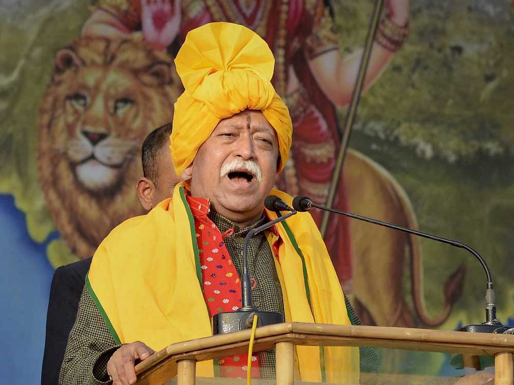 Rashtriya Swayamsevak Sangh (RSS) chief Mohan Bhagwat during the Tripura Hindu Malayala rally in Agartala on Sunday. PTI