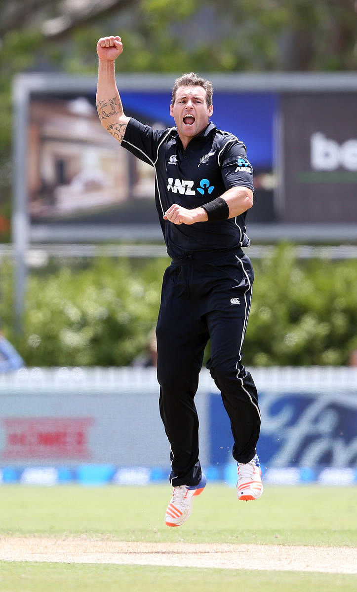 TOP NOTCH EFFORT Doug Bracewell of New Zealand celebrates after dismissing Shai Hope of West Indies in the first ODI on Wednesday. AFP