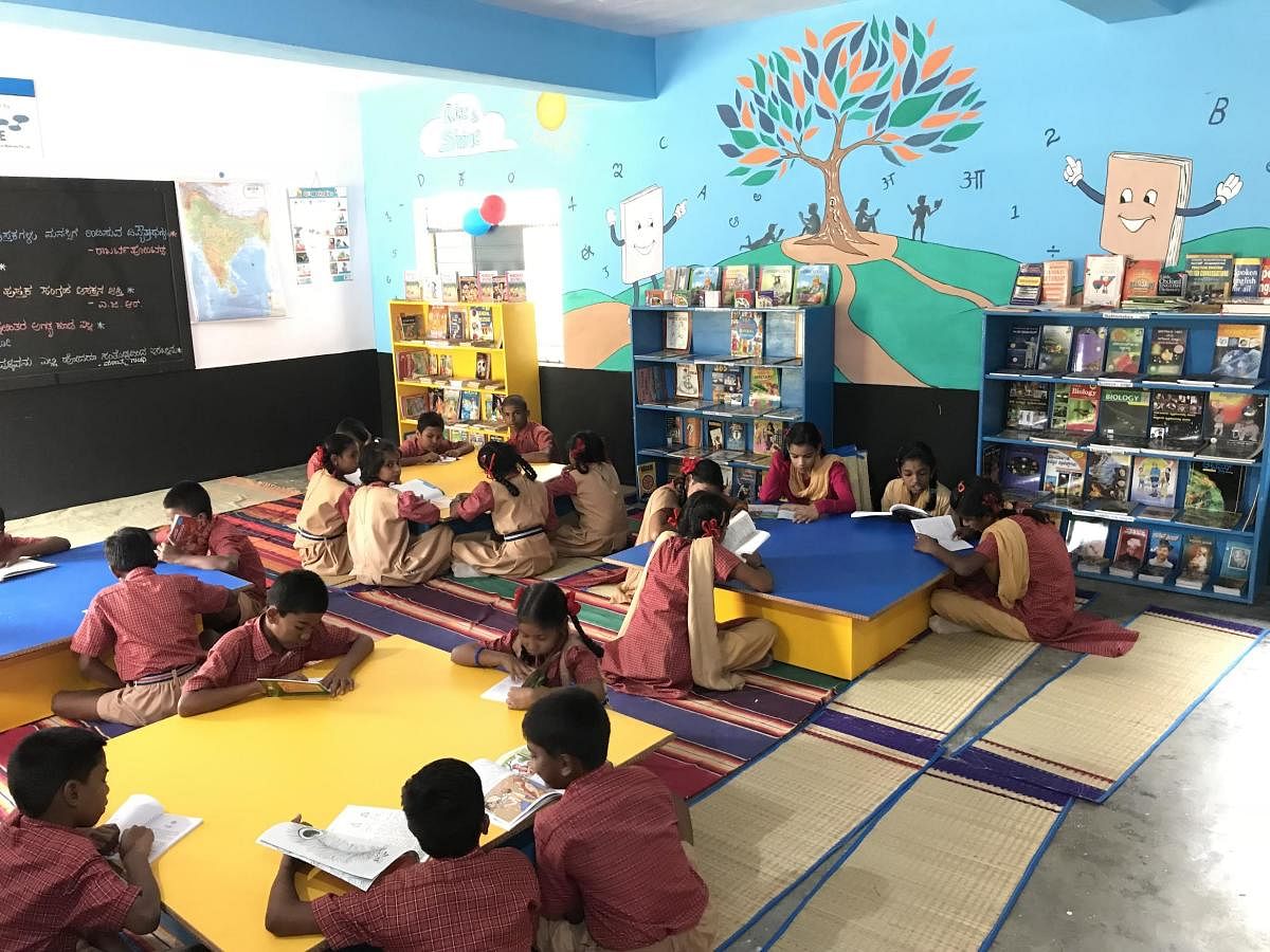 The library set up by Kalisu Foundation at the Government Higher Primary School in Jayanagar, Mysuru.