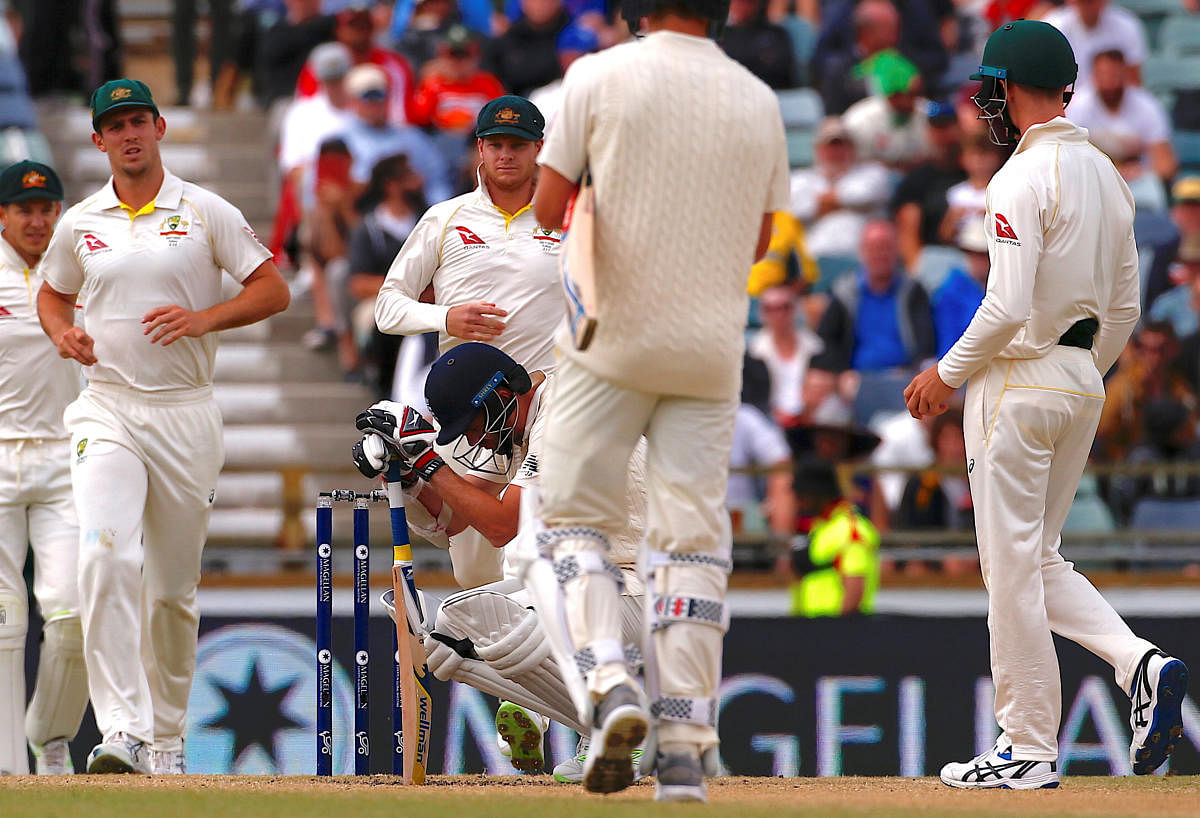 England's James Anderson was hit on the helmet during the fifth day of the third Ashes Test. Reuters