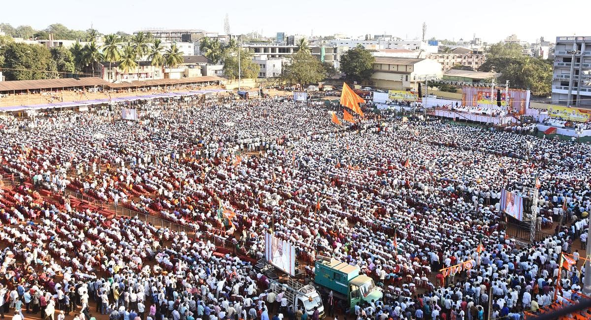 Crowd at the BJP's Parivartana Yatre convention held at Nehru Stadium in Hubballi on Thursday.
